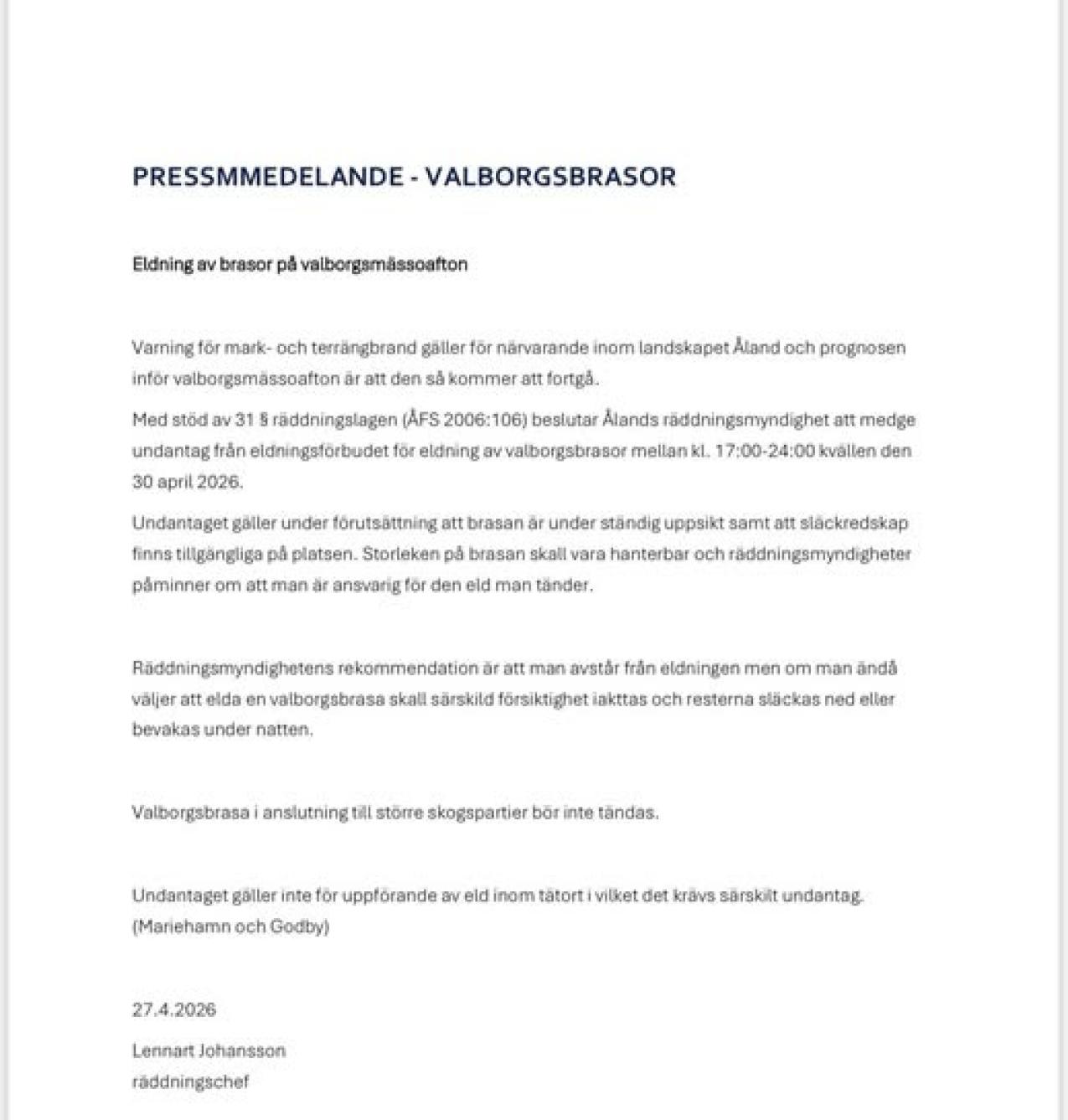 Alarmcentralen informerar om valborgsbrasor